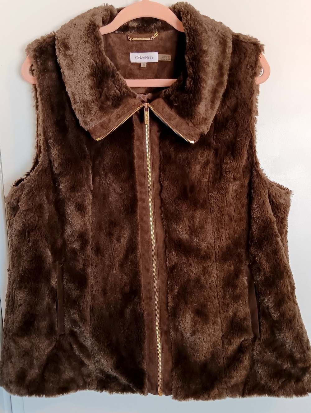 Calvin Klein Chocolate Faux Fur Vest with Gold Zip Cozy Old Money